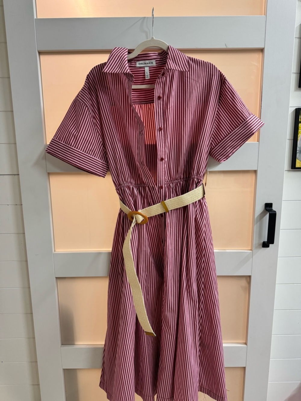 Harlow & Rose Red and White Striped Midi Shirt Dress with Belt